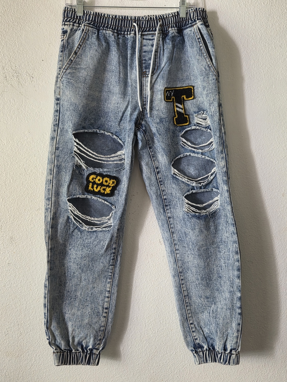 Shein Blue Denim Distressed Patchwork Jogger Jeans Womens Size M